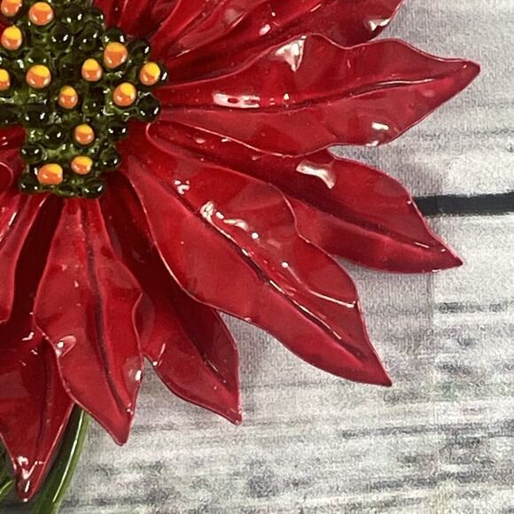 Vintage 60's Enamel Flower Poinsettia Brooch Pin Red Green Jewelry MCM Mod 5" - Picture 6 of 16